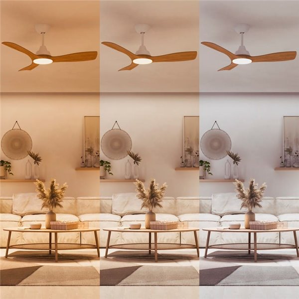 Ventoinha de teto OLAS LED, regulável, 42" 30W+24W branco com pás largas de madeira, com controle remoto