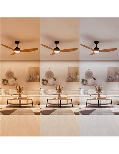 Ventoinha de teto LED 52", OLAS 35W+24W, preto com pás largas de madeira, com controle remoto