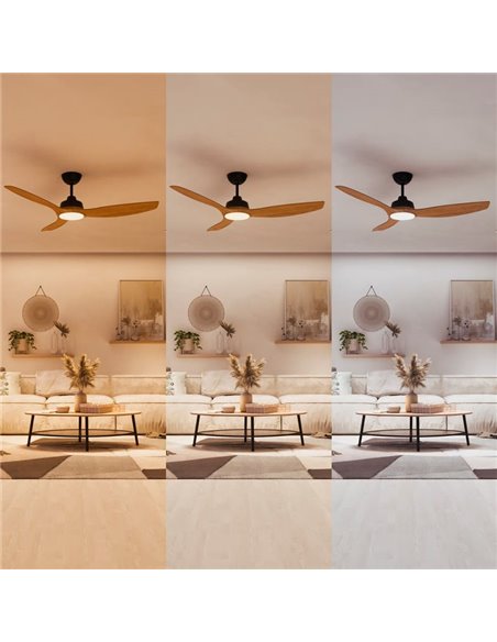 Ventilador de techo de 52" LED, OLAS 35W+24W, negro y aspas anchas de madera, con mando a distancia