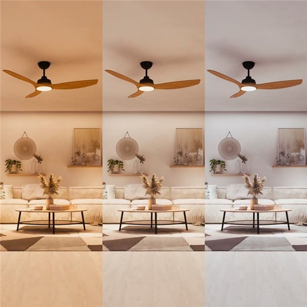 Ventilador de techo de 52" LED, OLAS 35W+24W, negro y aspas anchas de madera, con mando a distancia