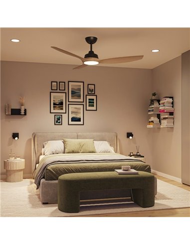 Ventilador de techo de 52" LED, OLAS 35W+24W, negro y aspas anchas de madera, con mando a distancia