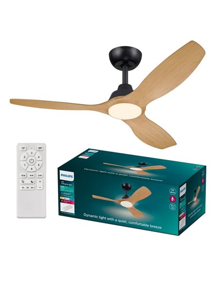 Ventilateur de plafond LED 52", OLAS 35W+24W, noir avec larges pales en bois, avec télécommande