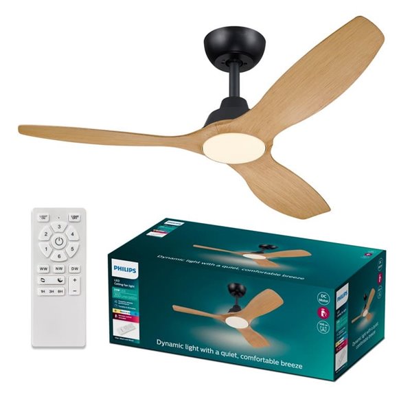 Ventilateur de plafond LED 52", OLAS 35W+24W, noir avec larges pales en bois, avec télécommande