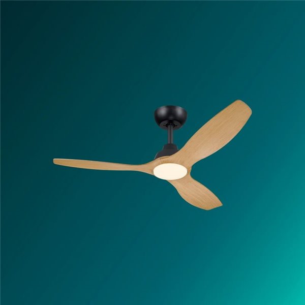 Ventilador de techo de 52" LED, OLAS 35W+24W, negro y aspas anchas de madera, con mando a distancia