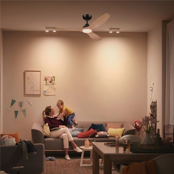 Ventilateur de plafond LED 52", OLAS 35W+24W, noir avec larges pales en bois, avec télécommande