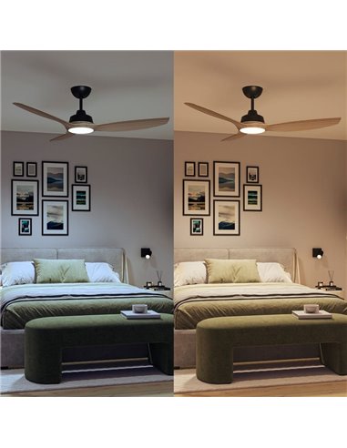 Ventilateur de plafond LED 52", OLAS 35W+24W, noir avec larges pales en bois, avec télécommande