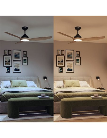 Ventoinha de teto LED 52", OLAS 35W+24W, preto com pás largas de madeira, com controle remoto