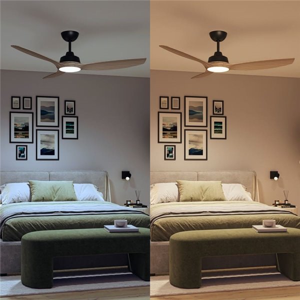 Ventoinha de teto LED 52", OLAS 35W+24W, preto com pás largas de madeira, com controle remoto