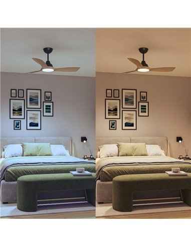 Ventoinha de teto OLAS LED, regulável, 42" 30W+24W preto com pás largas de madeira, com controle remoto