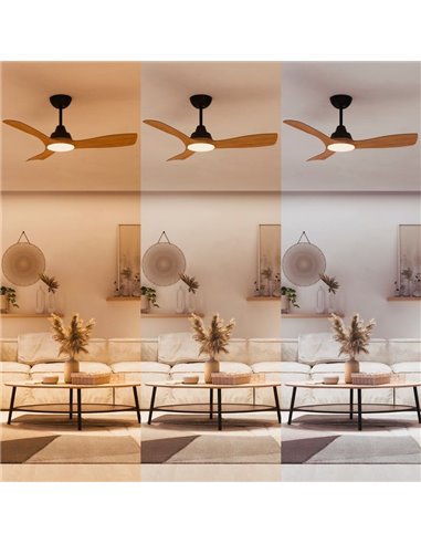 Ventilateur de plafond LED OLAS, dimmable, 42" 30W+24W noir avec larges pales en bois, avec télécommande