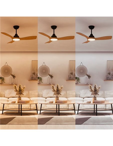 Ventilador de techo con luz LED OLAS, dimable, 42" 30W+24W negro y aspas anchas madera, con mando a distancia