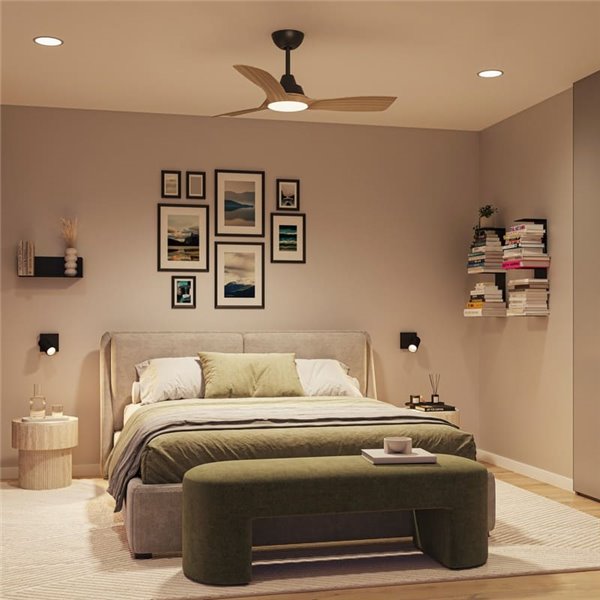 Ventilateur de plafond LED OLAS, dimmable, 42" 30W+24W noir avec larges pales en bois, avec télécommande