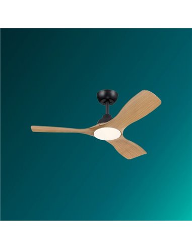 Ventilador de techo con luz LED OLAS, dimable, 42" 30W+24W negro y aspas anchas madera, con mando a distancia