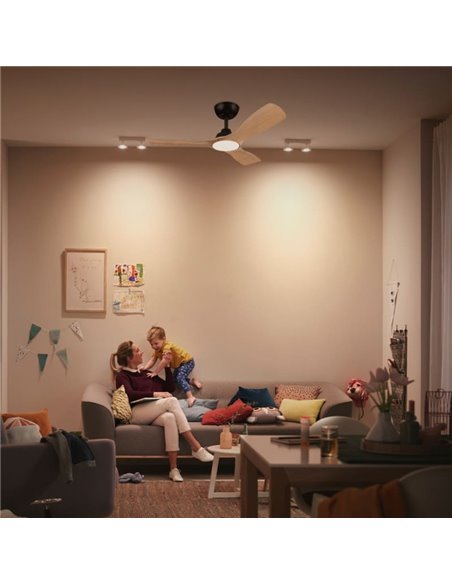 Ventilador de techo con luz LED OLAS, dimable, 42" 30W+24W negro y aspas anchas madera, con mando a distancia