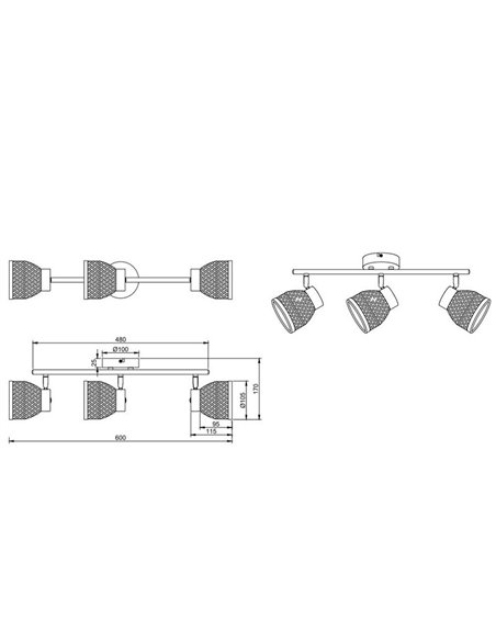 Plafonnier 3 spots LAURENT abat-jour bambou ampoule excl. 3x E14 max. 10 W IP20
