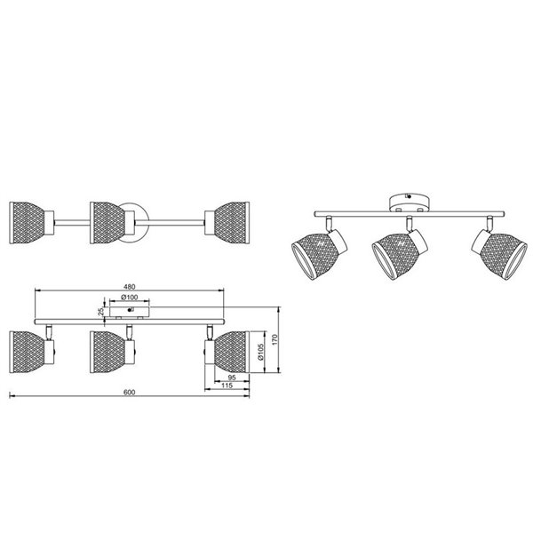 Plafonnier 3 spots LAURENT abat-jour bambou ampoule excl. 3x E14 max. 10 W IP20