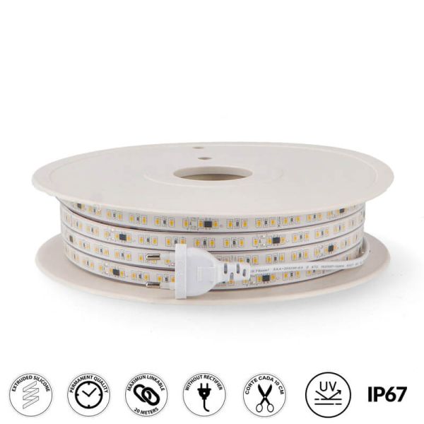 Bande LED 220V coupée tous les 10cm IP67 12W/m 20 Mètres SMD2835 Sans Redresseur Ruzok 1560Lm/m