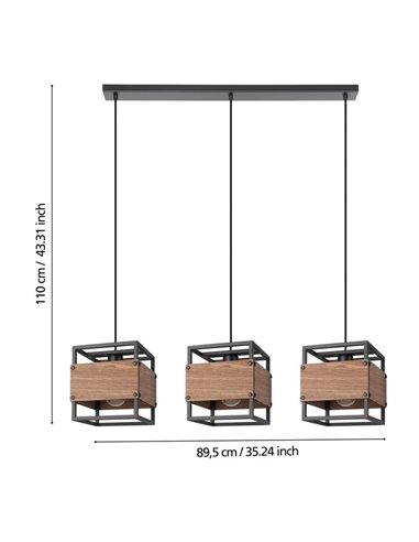 Suspension EVESHAM avec 3 abat-jours carrés vintage, E27, acier et bois