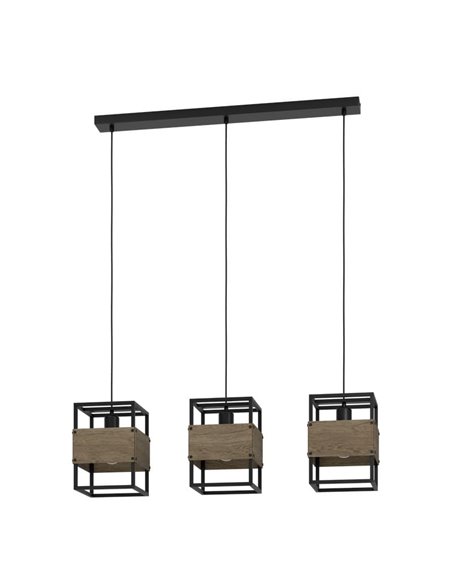 Lámpara de techo colgante EVESHAM con 3 pantallas vintage cuadradas, E27, acero y madera