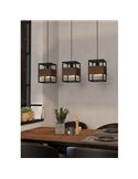 Suspension EVESHAM avec 3 abat-jours carrés vintage, E27, acier et bois