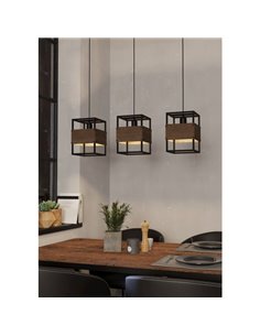 Luminária pendente EVESHAM com 3 abajures quadrados vintage, E27, aço e madeira 2