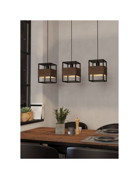 Suspension EVESHAM avec 3 abat-jours carrés vintage, E27, acier et bois
