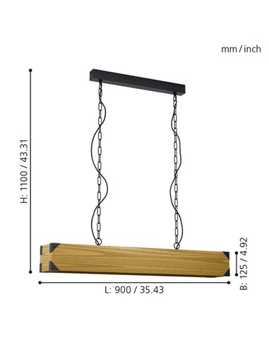 Lámpara colgante HARBOROUGH con cadena de eslabones negros y pantalla alargada de madera, 4xE27