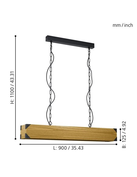 Lámpara colgante HARBOROUGH con cadena de eslabones negros y pantalla alargada de madera, 4xE27
