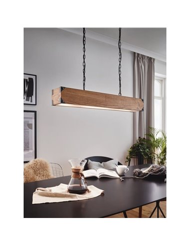 Lámpara colgante HARBOROUGH con cadena de eslabones negros y pantalla alargada de madera, 4xE27