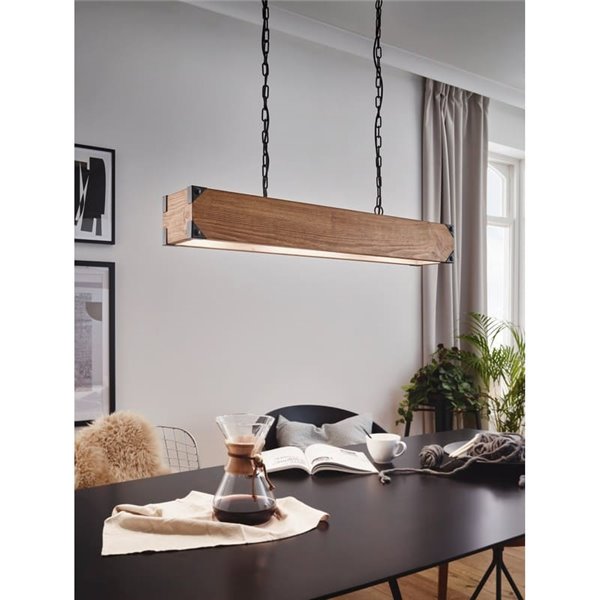 Lámpara colgante HARBOROUGH con cadena de eslabones negros y pantalla alargada de madera, 4xE27
