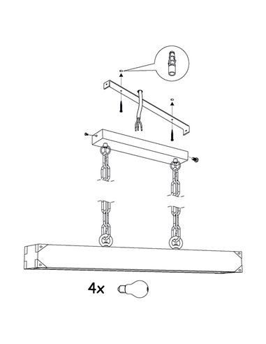 Suspension HARBOROUGH avec chaîne à maillons noirs et abat-jour en bois allongé, 4xE27