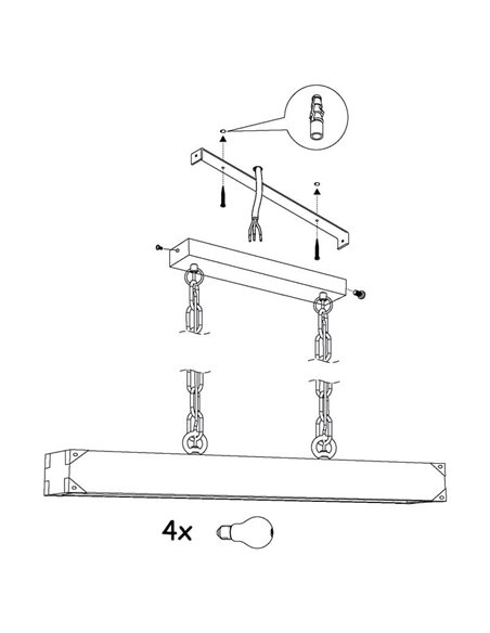 Suspension HARBOROUGH avec chaîne à maillons noirs et abat-jour en bois allongé, 4xE27