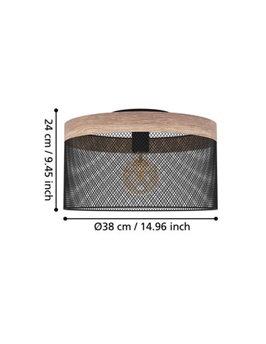 Lámpara colgante KILNSDALE con pantalla de malla negra y detalles en madera, E27