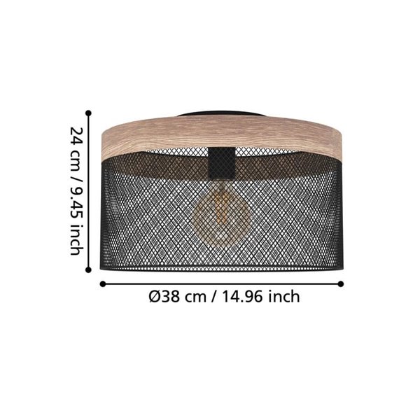 Lámpara colgante KILNSDALE con pantalla de malla negra y detalles en madera, E27