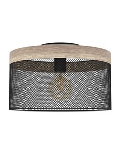 Lámpara colgante KILNSDALE con pantalla de malla negra y detalles en madera, E27