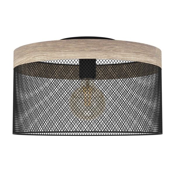 Lámpara colgante KILNSDALE con pantalla de malla negra y detalles en madera, E27