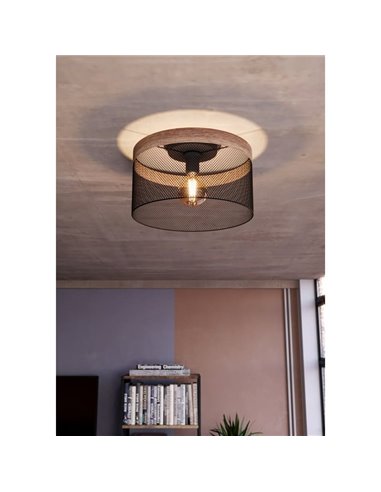 Lámpara colgante KILNSDALE con pantalla de malla negra y detalles en madera, E27