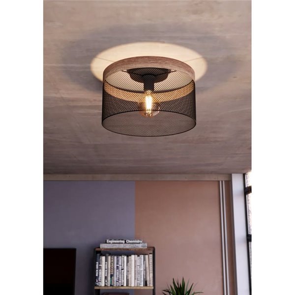 Lámpara colgante KILNSDALE con pantalla de malla negra y detalles en madera, E27