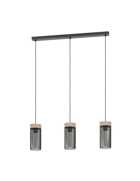Lámpara colgante KILNSDALE de 3 luces con pantallas de malla negra y detalles en madera, E27