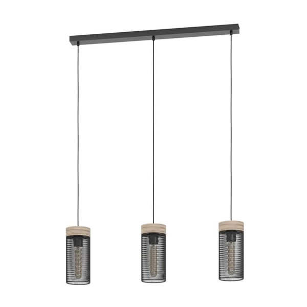 Lámpara colgante KILNSDALE de 3 luces con pantallas de malla negra y detalles en madera, E27
