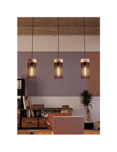 Lámpara colgante KILNSDALE de 3 luces con pantallas de malla negra y detalles en madera, E27 2