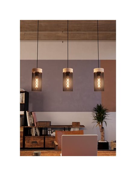 Lámpara colgante KILNSDALE de 3 luces con pantallas de malla negra y detalles en madera, E27