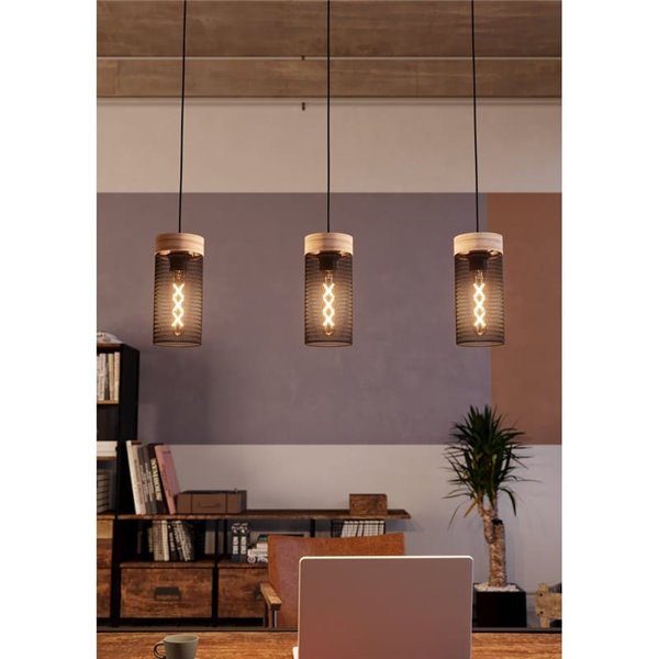 Lámpara colgante KILNSDALE de 3 luces con pantallas de malla negra y detalles en madera, E27