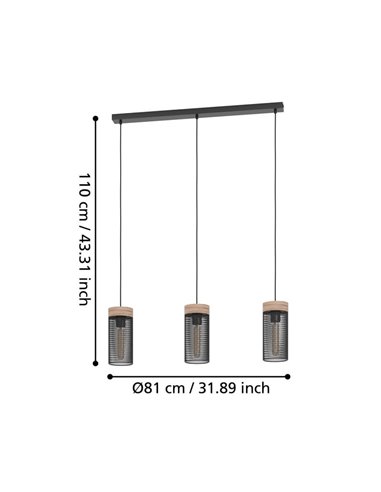 Lámpara colgante KILNSDALE de 3 luces con pantallas de malla negra y detalles en madera, E27