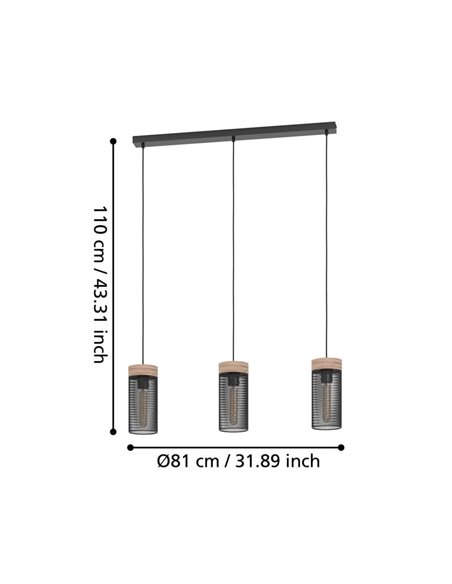 Lámpara colgante KILNSDALE de 3 luces con pantallas de malla negra y detalles en madera, E27