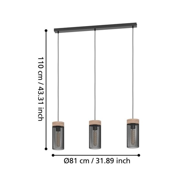 Lámpara colgante KILNSDALE de 3 luces con pantallas de malla negra y detalles en madera, E27