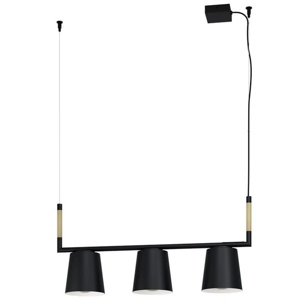 Lampe à suspension LACEY avec 3 abat-jours noirs et détails en bois, 3xE27