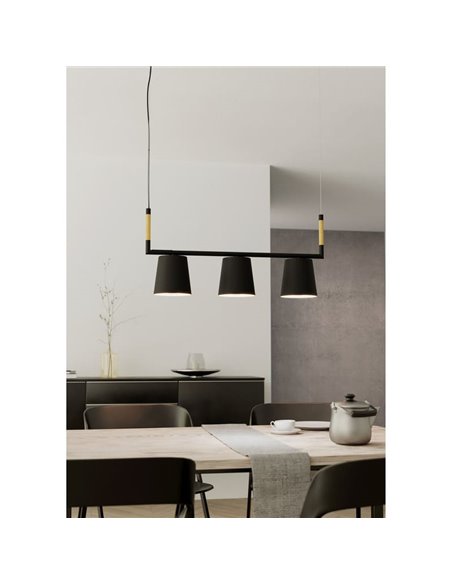Lámpara colgante LACEY de 3 pantallas negras y detalles en madera, 3xE27