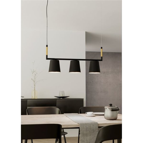 Lampe à suspension LACEY avec 3 abat-jours noirs et détails en bois, 3xE27