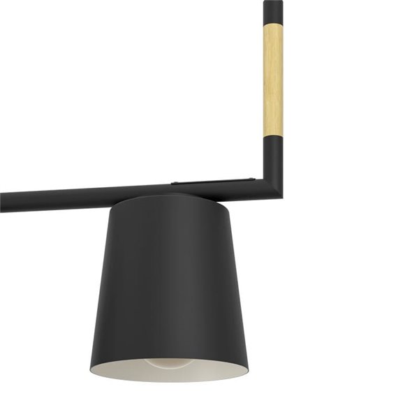 Lampe à suspension LACEY avec 3 abat-jours noirs et détails en bois, 3xE27